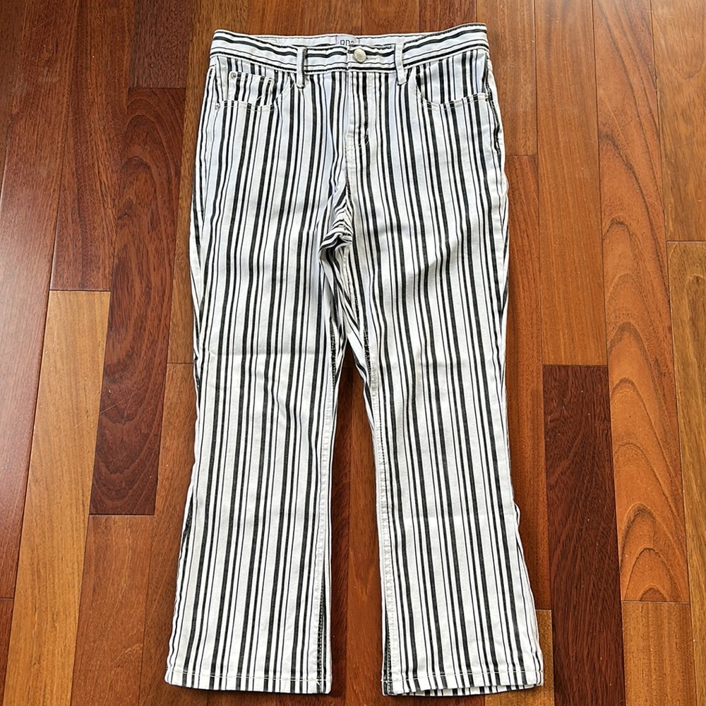 BDG Kick flare high rise cropped Black and White Stripe Denim jeans